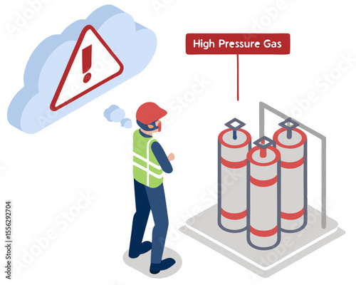 Isometric cartoon illustration of a worker undergoing emergency response training for hazardous gas leak scenarios in a factory setting.