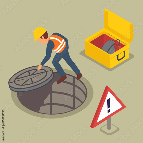 Isometric illustration showing a worker collapsing near a confined space entry due to lack of ventilation and safety protocols, emphasizing workplace danger.
