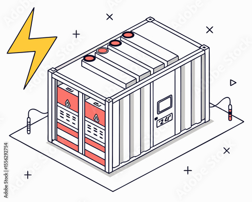 Isometric vector cartoon depicting the operation of battery energy storage integrated with solar electricity generation for sustainable energy use.
