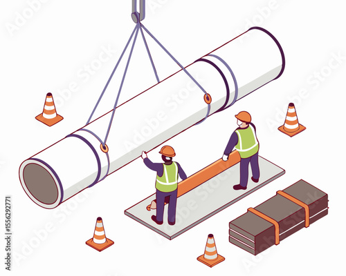 Industrial workers coordinating the lifting of a large steel pipeline using a crane, showcasing teamwork and safety procedures in heavy-duty construction operations, isometric isolated.