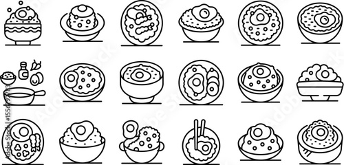 Egg fried rice icons set. Rice porridge with fried eggs, shrimps and spices served in bowls and its cooking process