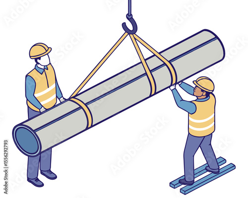 Isometric illustration of construction workers managing the crane-assisted lifting of a heavy steel pipe, emphasizing coordinated teamwork and adherence to safety protocols.