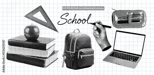 back to school elements collection, backpack, books, ruler, laptop, pencil case, retro halftone effect set