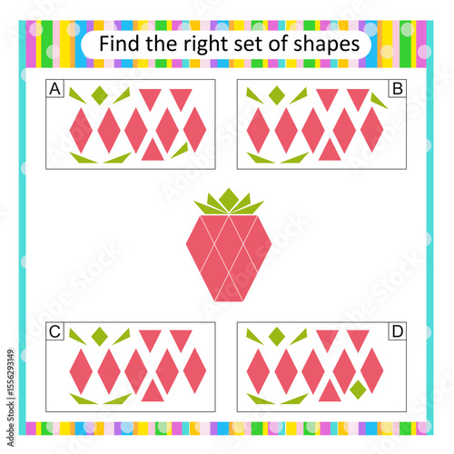 Puzzle for kids. Attention task. Find the correct set of cartoon strawberry. Answer is C.