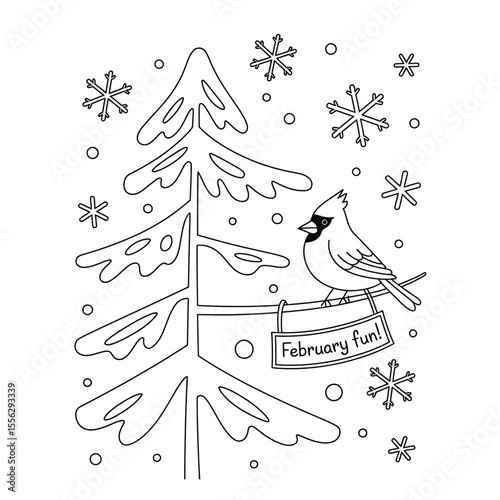 Minimalist February coloring page for kids and adults in black and white vector with simple seasonal and winter-themed designs
