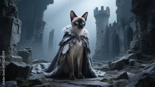 A Siamese cat adorned in a regal cloak stands amidst the ruins of a medieval castle under a foggy sky.