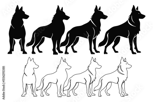 German Shepherd Dog Silhouettes Black White Line Art Collection
