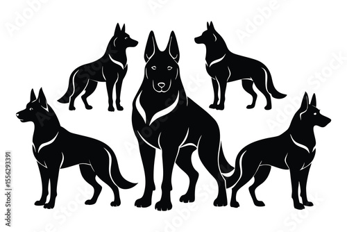 Six Black German Shepherd Dog Silhouettes Various Poses 1