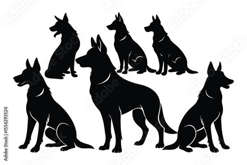Six Black German Shepherd Silhouettes Various Poses