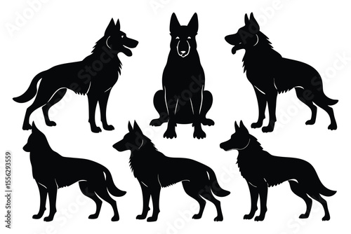 Six Black Silhouettes German Shepherd Dog Poses white background 1