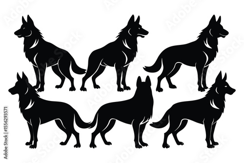 Six Black Silhouettes German Shepherd Dog Poses white background