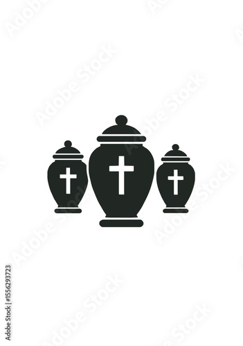 Silhouette Icon of Funeral Urns with Crosses Representing Death, Memorial Service, Cremation, Spirituality, and Mourning Traditions