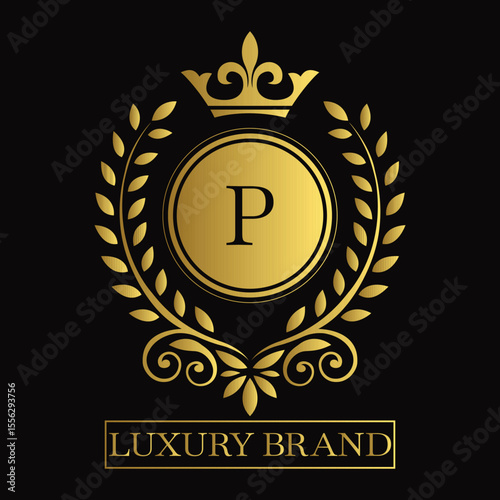 Gold Emblem with Crown and Laurel Wreath on P Logo Black Background