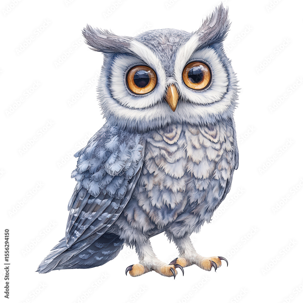Obraz premium Highly detailed realistic illustration of a wise gray owl perched with vibrant amber eyes and fluffy feathers