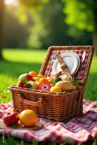 A classic wicker picnic basket overflowing with delicious food and a checkered blanket, perfect for a sunny day outdoors Ready for a relaxing and delightful meal in nature , cheese, vegetables