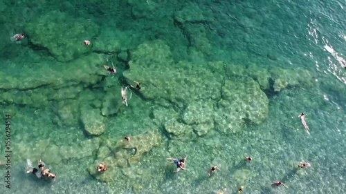 aerial view of the beach with bathers in the water, Adriatic see, Montenegro beach Buljarice