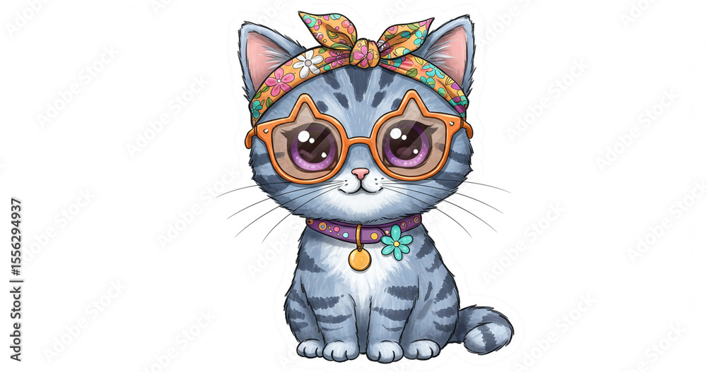 Fototapeta premium Adorable Gray Tabby Kitten with Trendy Bandana and Star-Shaped Glasses A Cute Cartoon Illustration