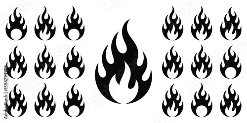 A collection of black and white flame designs arranged in a grid pattern on a white background.