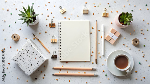 Flatlay of monoline illustrations and stationery on white speckled surface
