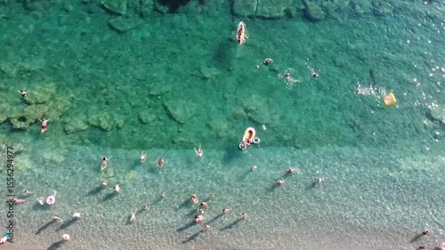 aerial view of the beach with bathers in the water, Adriatic see, Montenegro beach Buljarice