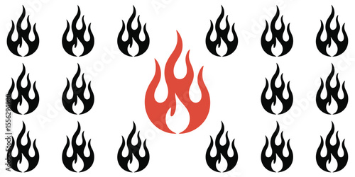 A collection of black and white flame designs arranged in a grid pattern on a white background.