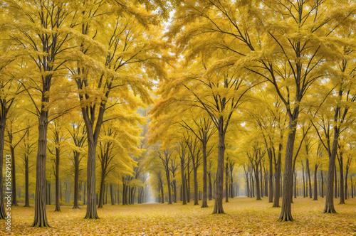 A breathtaking autumnal scene showcasing a path lined with vibrant yellow trees, their leaves carpeting the ground.  Misty atmosphere enhances the tranquil mood.