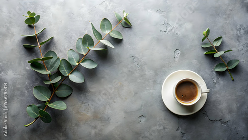 Flatlay of coffee cup and eucalyptus branch on grey textured surface