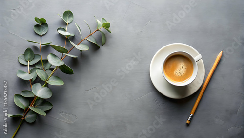 Flatlay of coffee cup pencil and eucalyptus on grey desk