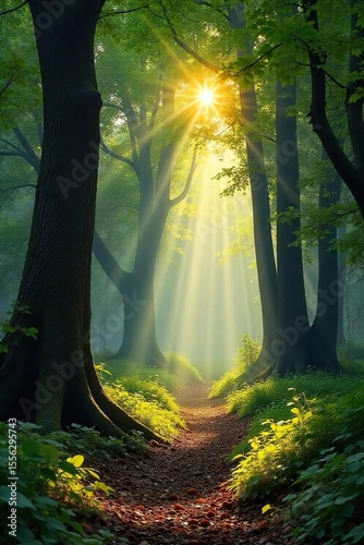 Serene Sunlight Dappled Forest Peaceful Nature Scene for Contemplation and Spiritual Reflection