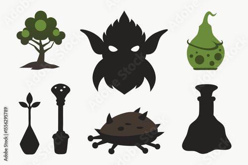 Six Goblincore Silhouettes Green Tree Black Creature Potion Bottles