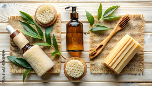 Flatlay of eco friendly skincare set with soap brush and oil