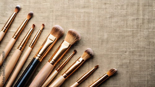 Flatlay of eye shadow brushes on pale linen background