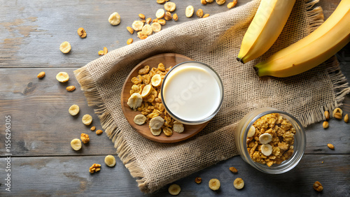 Flatlay of cereal milk and sliced banana on linen table
