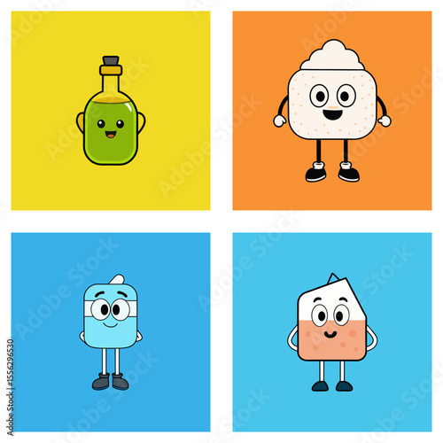 Four cartoon characters of food items in square frames with different color backgrounds appear