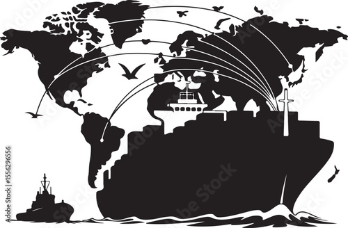 Silhouette of Global Shipping Routes Vector Illustration