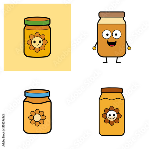 Four cartoon honey jars with different designs and expressions on a white and yellow background scene