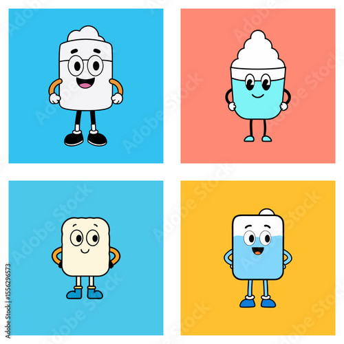 Cartoon characters of food and drink items with faces and limbs in a four panel illustration
