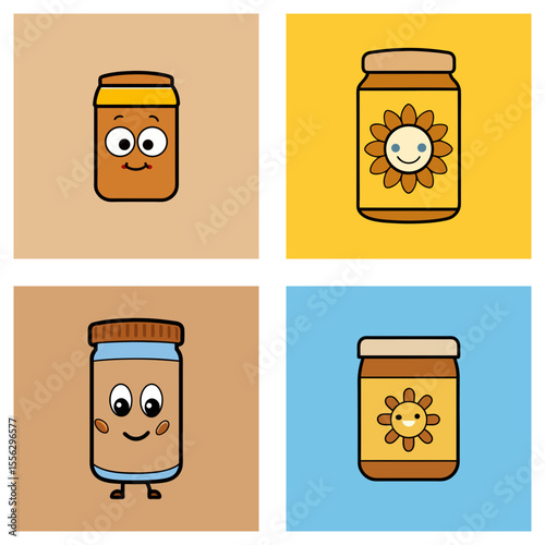 Four cartoon peanut butter jars with different facial expressions and background colors in a grid format