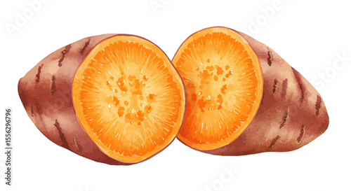 Watercolor Vector Image Showcases A Vibrant Sweet Potato Halved To Reveal Its Rich Orange Interior Rendered In A Delicate Illustrative Style Against White