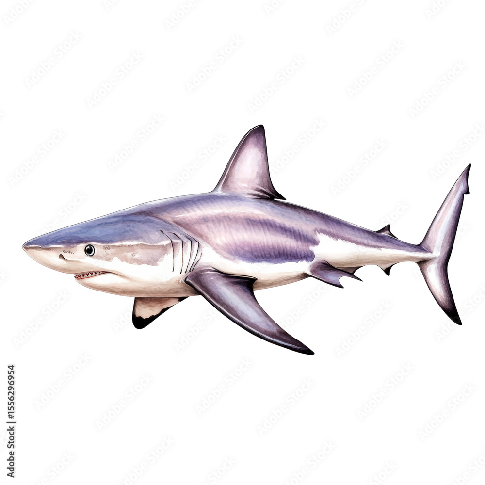 Obraz premium Realistic detailed illustration of a shark swimming, showing streamlined body and fins for marine wildlife depiction