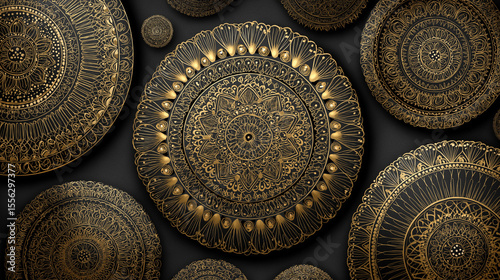 Background with golden mandalas, round indian pattern, muslim pattern