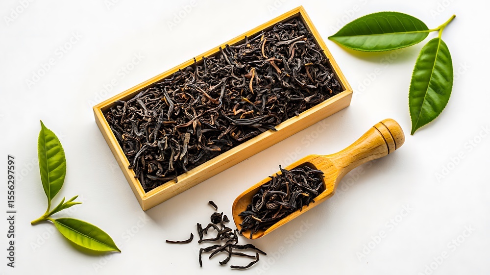 custom made wallpaper toronto digitalLoose black tea leaves with wooden scoop and green tea leaves on white background