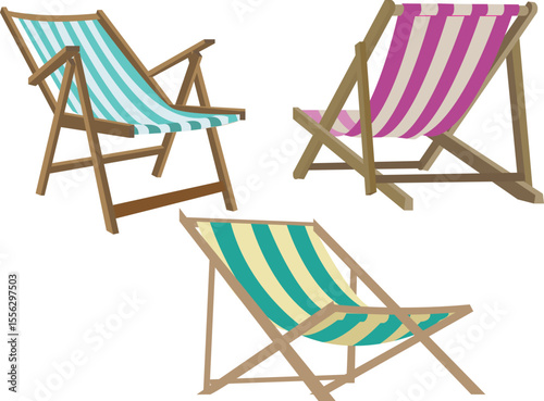 Set of Beach chair flat vector illustration. Colorful striped wooden chair.