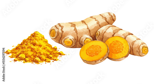 Vibrant Watercolor Illustration Showing Turmeric Root Slices And Powder Expressing A Healthy And Natural Product In A Soft Organic Visual Style