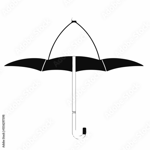 A black and white outline illustration of an opened umbrella, inverted as if caught by wind, showcasing its frame and handle.