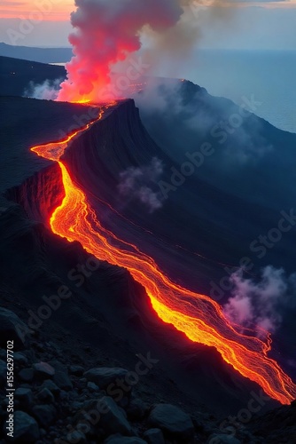 Kilauea Volcano Eruption Fiery Lava Flowing Down Volcanic Slope in Hawaii
