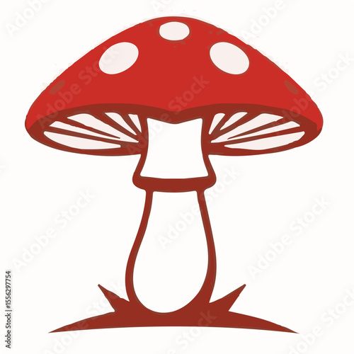 
A vibrant red mushroom with white spots and a white stem, stylized as a classic toadstool, against a plain background.