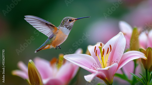 Hummingbird hovering next to lily flowers panoramic view