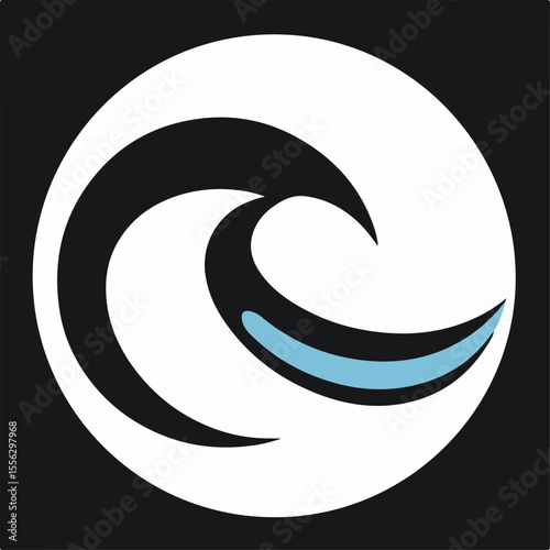 A minimalist logo with stylized black and blue waves inside a white circle, set against a dark background, evoking movement and water.