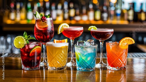 Wallpaper Mural Colorful cocktails with fruit garnishes on wooden bar counter in vibrant lighting
 Torontodigital.ca